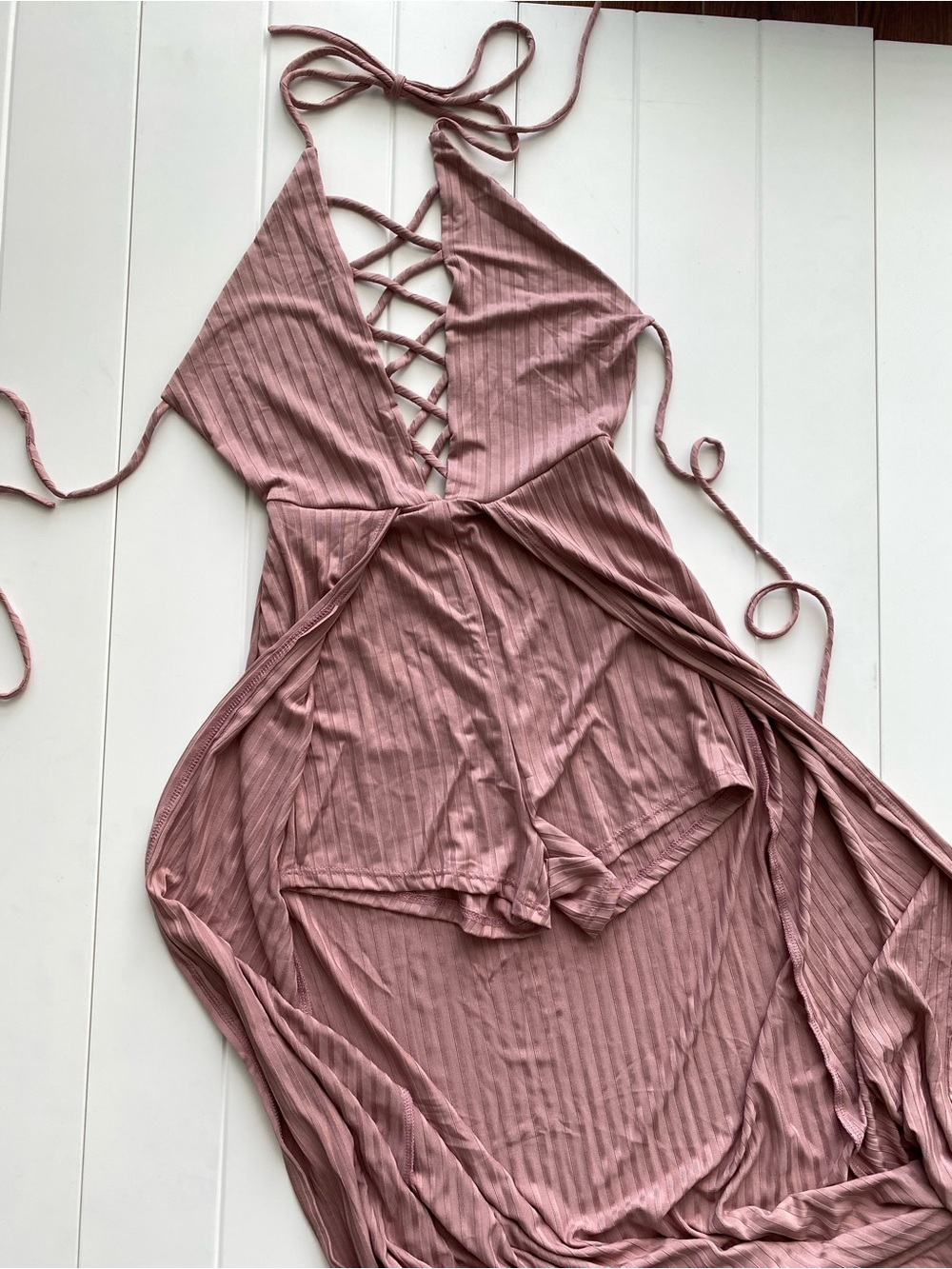 Fashion Nova Mauve Ribbed Lace-Up Halter Romper Maxi